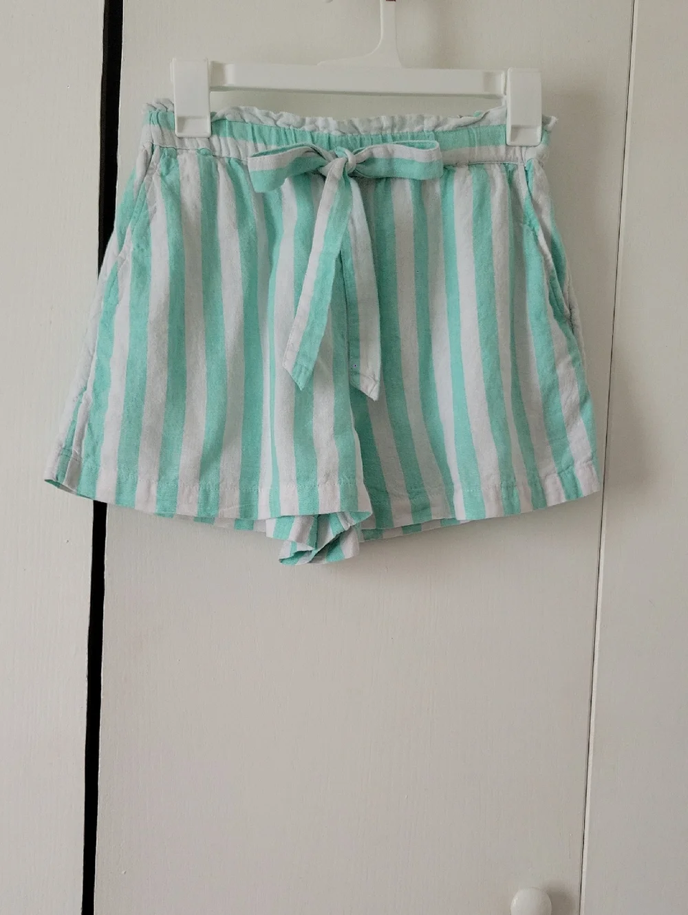 Stoney Clover Lane Mint and White Striped Tie-Waist High-Rise Shorts - Picture 1 of 3